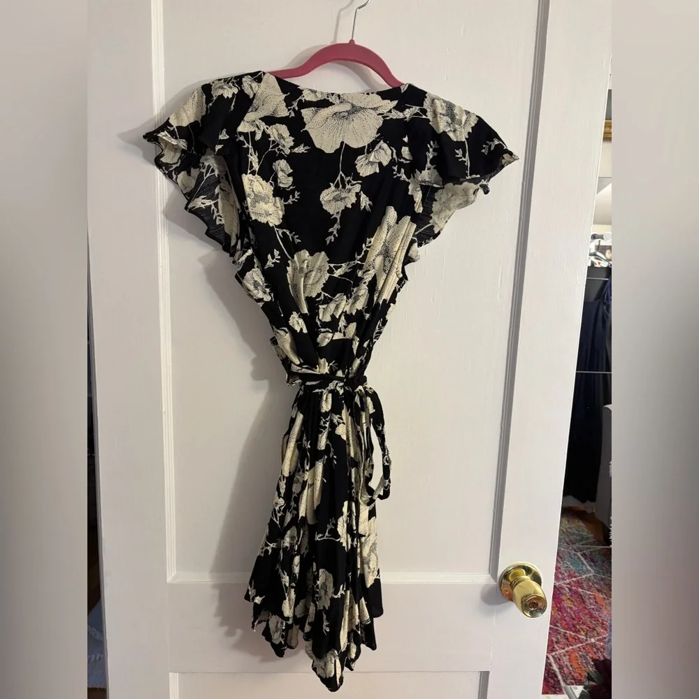 Free People French Quarter Printed Mini Dress Black Onyx Floral Wrap Combo M